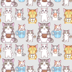 Cute cats drinking coffee seamless pattern. Grumpy and tired cats morning routine repeatable texture on grey background. Vector illustration © Refluo