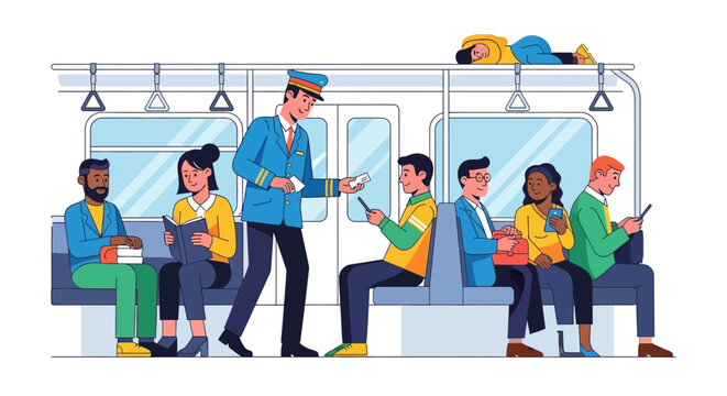 Commuters on a Train with a Conductor Checking Tickets.