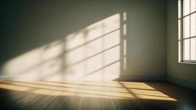 Sunlight pours through a large window casting shadows on an empty room's wooden floor and gray wall with a smaller window.