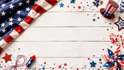 Obraz premium American Flag and Patriotic Decorations Arranged on White Wooden Background