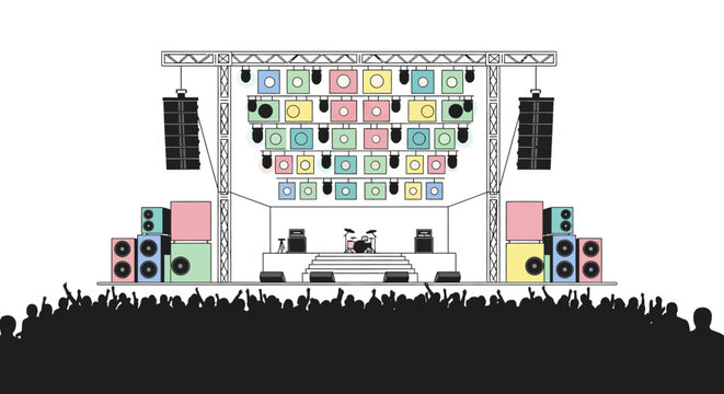 Concert Stage Setup with Sound System and Lights.
