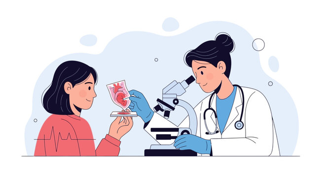Doctor examines kidney sample under microscope with patient watching
