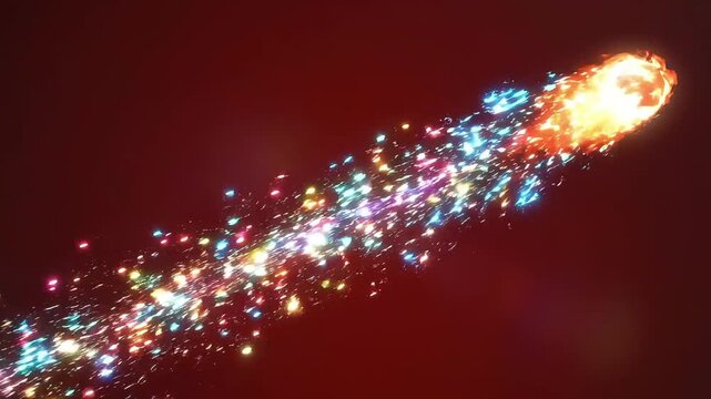 dark red background with a trailing, comet-like abstract shape emitting a stream of colorful glowing sparks Videos