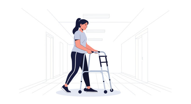 Woman walking with walker in hallway, rehabilitation, mobility aid, recovery concept