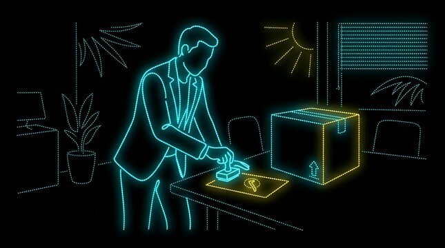 Businessman stamping documents next to a shipping box