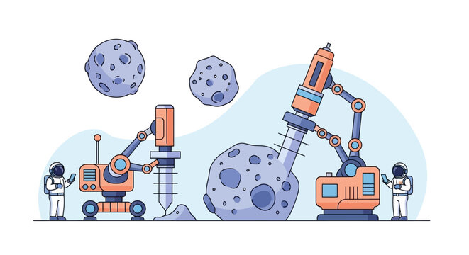 Astronauts and robots mining asteroids in space exploration.