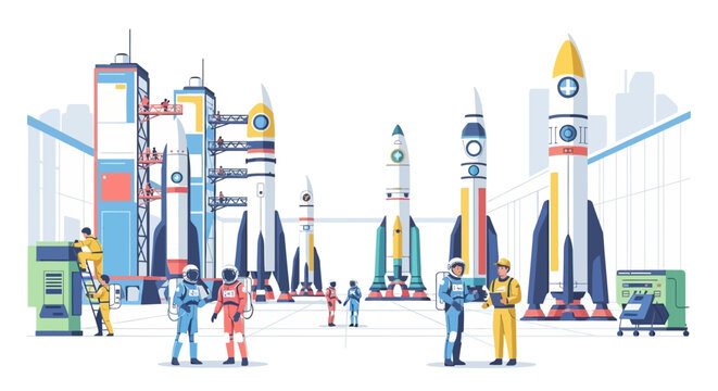 Astronauts and Rockets at Space Launch Site.
