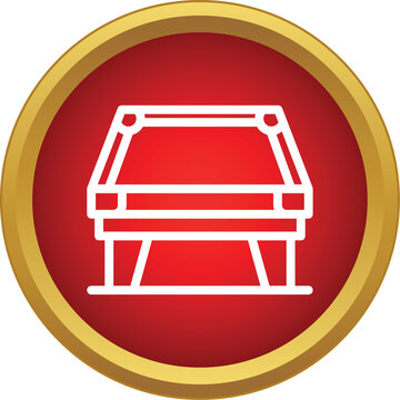 Pool table outline in a gold framed red circle, representing billiards and snooker sports
