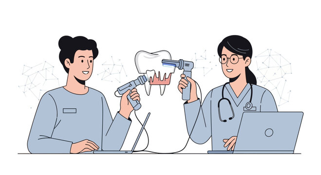 Dentist and patient using 3D scanner for dental implant technology