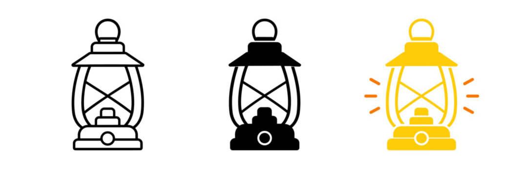 Collection of three vintage lantern icons in different styles and colors
