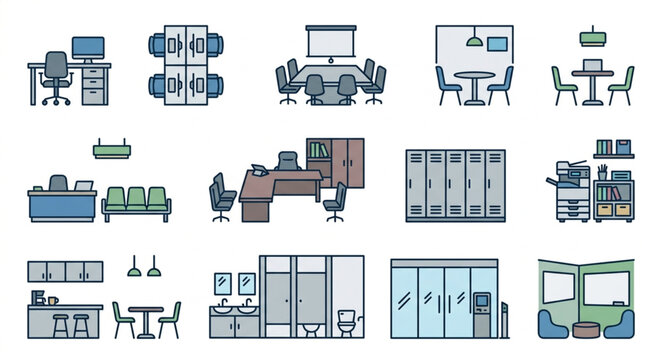 Collection of modern office furniture and interior design elements.