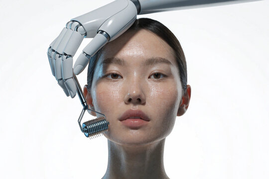 Robotic Hand Derma Roller Microneedling Facial Treatment on Female Model Face for Skin Rejuvenation, Collagen Boosting, Acne Scar Therapy and Professional Skincare Medical Concept Mockup