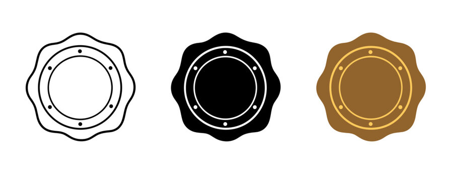 Set of three circular badges with wavy edges and inner circles with dots