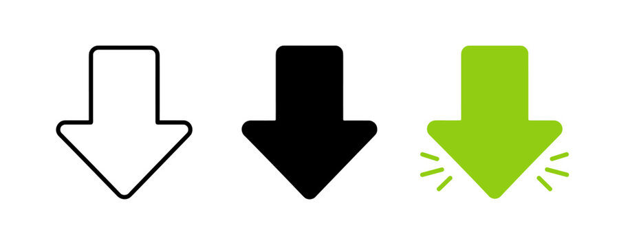 Set of three downward pointing arrow icons in different styles and colors