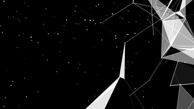 Abstract geometric white polygons shifting dynamically on a black background with stars.