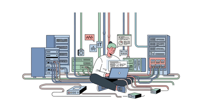 IT professional working with servers and network equipment.