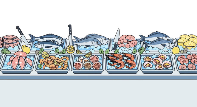Fresh Seafood Display Variety Assortment.