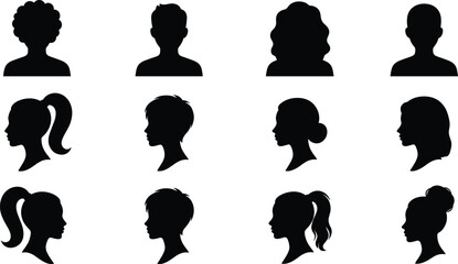 Collection of black silhouette user avatar icons featuring diverse male and female front and side profile portraits © MstLily