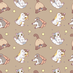 Funny cats seamless pattern on brown background vector illustration. © Refluo