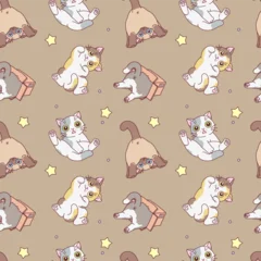 Funny cats seamless pattern on brown background vector illustration. © Refluo