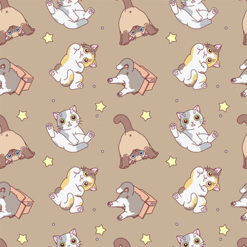 Funny cats seamless pattern on brown background vector illustration.