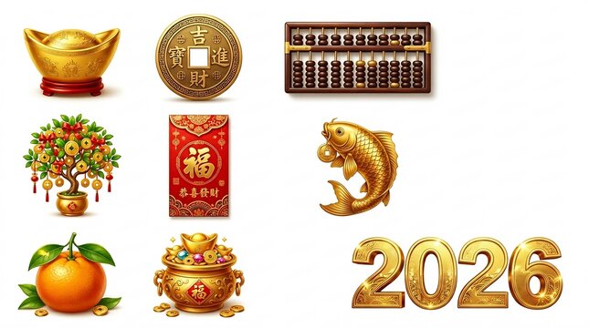 Chinese new year 2026 traditional lucky symbols and golden icons