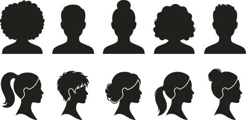 Collection of diverse male and female user avatar silhouette icons featuring front and side profile portraits © MstLily
