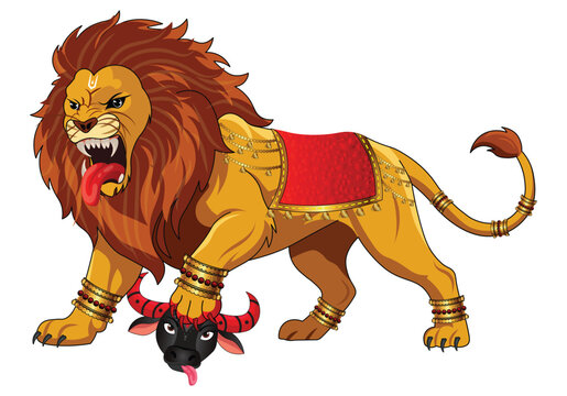 Durga Puja Lion Vector with Mahishasura Buffalo Demon Head Illustration