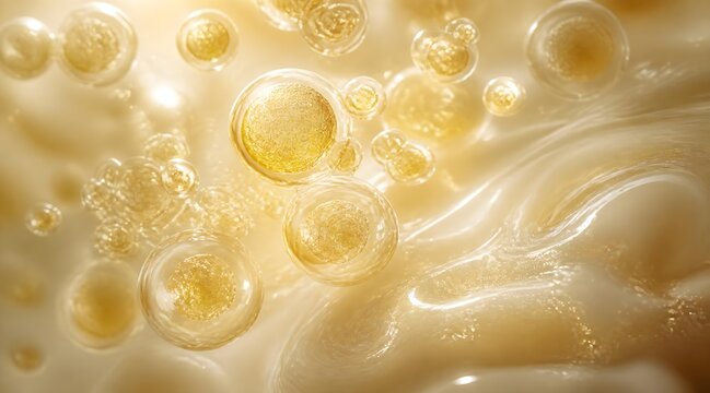 Abstract beauty visual of golden yeast cells and fermented serum ingredient, 3D render