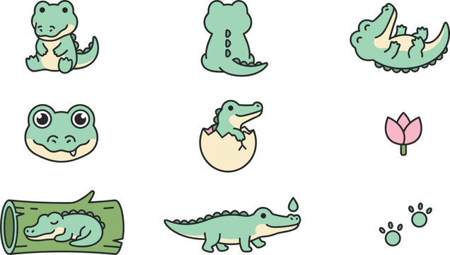 Cute Baby Crocodile Character Set with Hatching Egg, Sleeping in Log, Rolling Pose, and Lotus Flower Elements for Kawaii Nursery Graphic Designs
