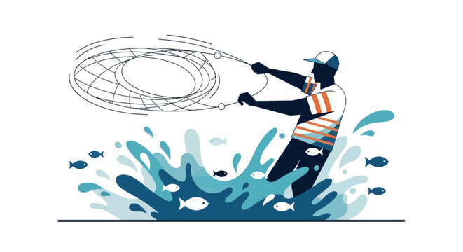 Fisherman casting net into water with fish swimming around.