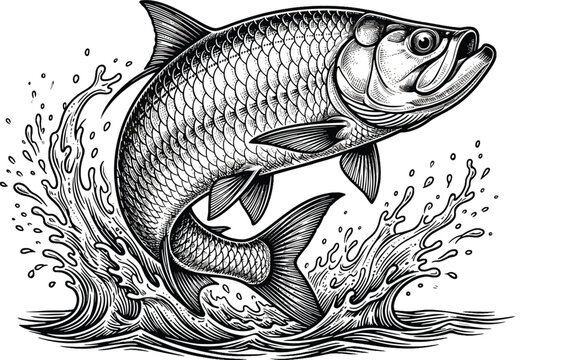 Vintage woodcut tarpon fish jumping out of water illustration