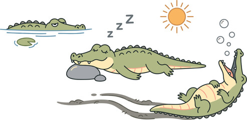 Naklejka premium Cute Cartoon Crocodile Vector Set Featuring Lazy Alligators Sleeping on Rock Swimming in Swamp Sliding on Mud and Sunbathing Graphics