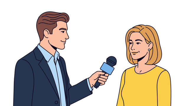 Journalist interviewing a woman with a microphone.