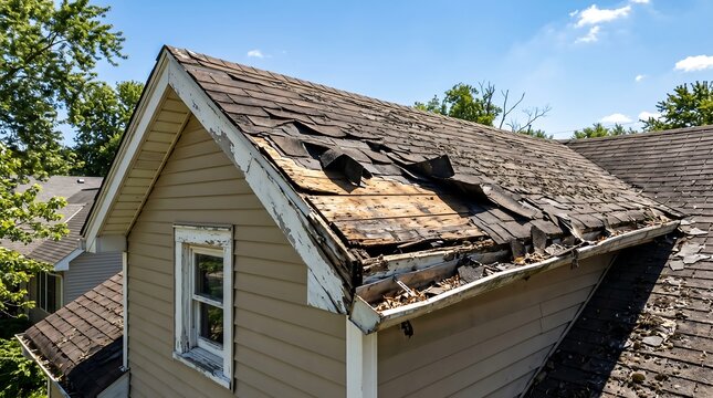 Damaged roof of a house with missing shingles and exposed wood