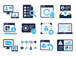 Modern technical support icons for SaaS troubleshooting, screen sharing, error logs, cache clearing, support tickets, patch updates, and resolved status workflows © DelwarHossen