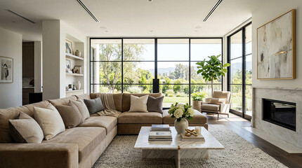 Fototapeta premium Modern luxury living room interior with elegant minimalist decor, curved sofa and panoramic floor to ceiling windows