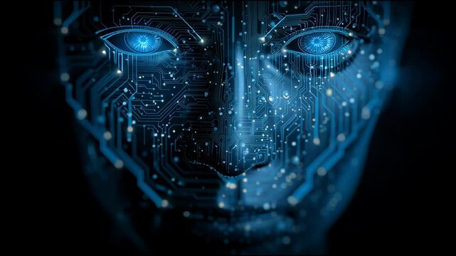 A futuristic AI robot face with glowing blue circuitry and realistic metallic texture, against a dark cybernetic background.