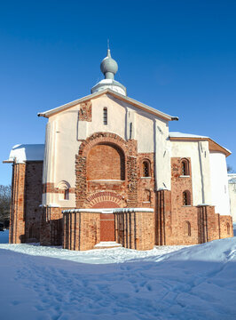 View on the ancient church of Paraskeva Friday on a winter day. Veliky Novgorod. Russia (vertical)