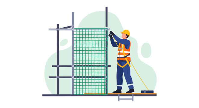 Construction worker assembling scaffolding with safety equipment for building project.