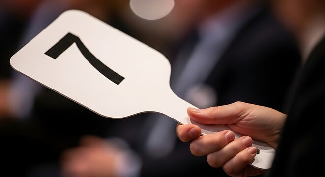Bidding paddle number 7 held by a participant at a professional live auction event
