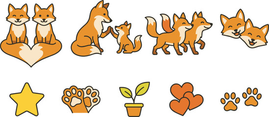 Obraz premium Cute Fox Couple and Family Vector Icon Set with Hearts, Paw Prints, Stars, and Plant Elements for Valentine Day Cards, Kids Graphics, and Badges