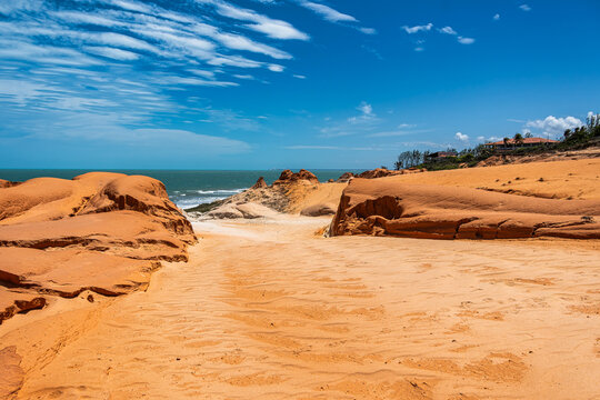 The rock formations at Canoa Quebrada Beach at Canoa Quebrada, state of Ceara, Brazil