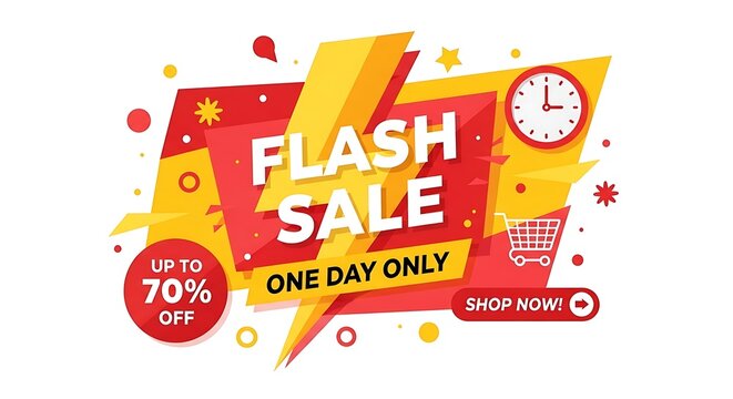 Bright Flash Sale promotional design with a clock and shopping cart icon