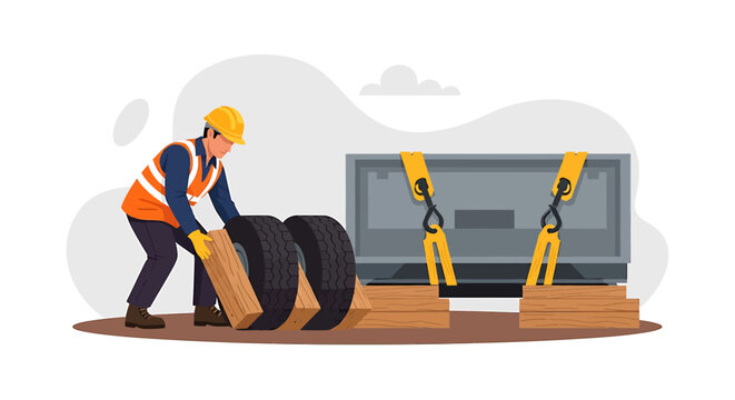 Worker Safely Securing Tires with Straps for Transport Illustration.