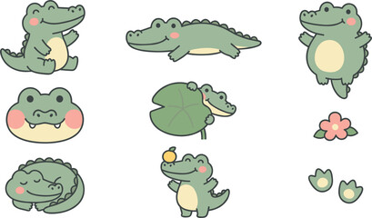 Fototapeta premium Cute Alligator Character Set with Sleeping, Crawling, Standing Poses, Lily Pad, Flower, and Paw Prints for Kawaii Sticker Sheets and Nursery Decor Designs