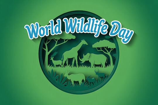 World wildlife day illustration with animals and trees on green background