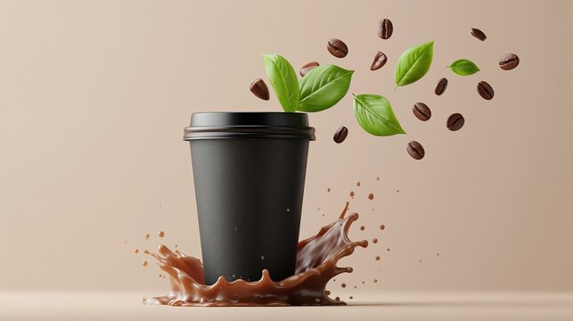 Black cup stands tall, coffee splashes around. Green leaves and beans float mid-air above. Brown liquid spills dynamically, creating motion. Soft background highlights the coffee's energy