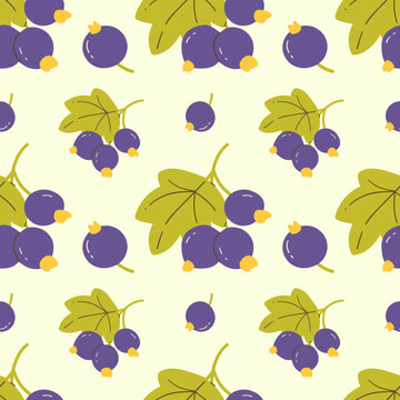 Bright seamless pattern with currants. Repeating design featuring  black currant clusters with leaves. Perfect for fruit packaging, summer textiles, kitchen curtains, jam labels and farmers market bra