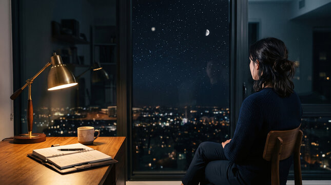 Woman working at night looking out a window at city lights